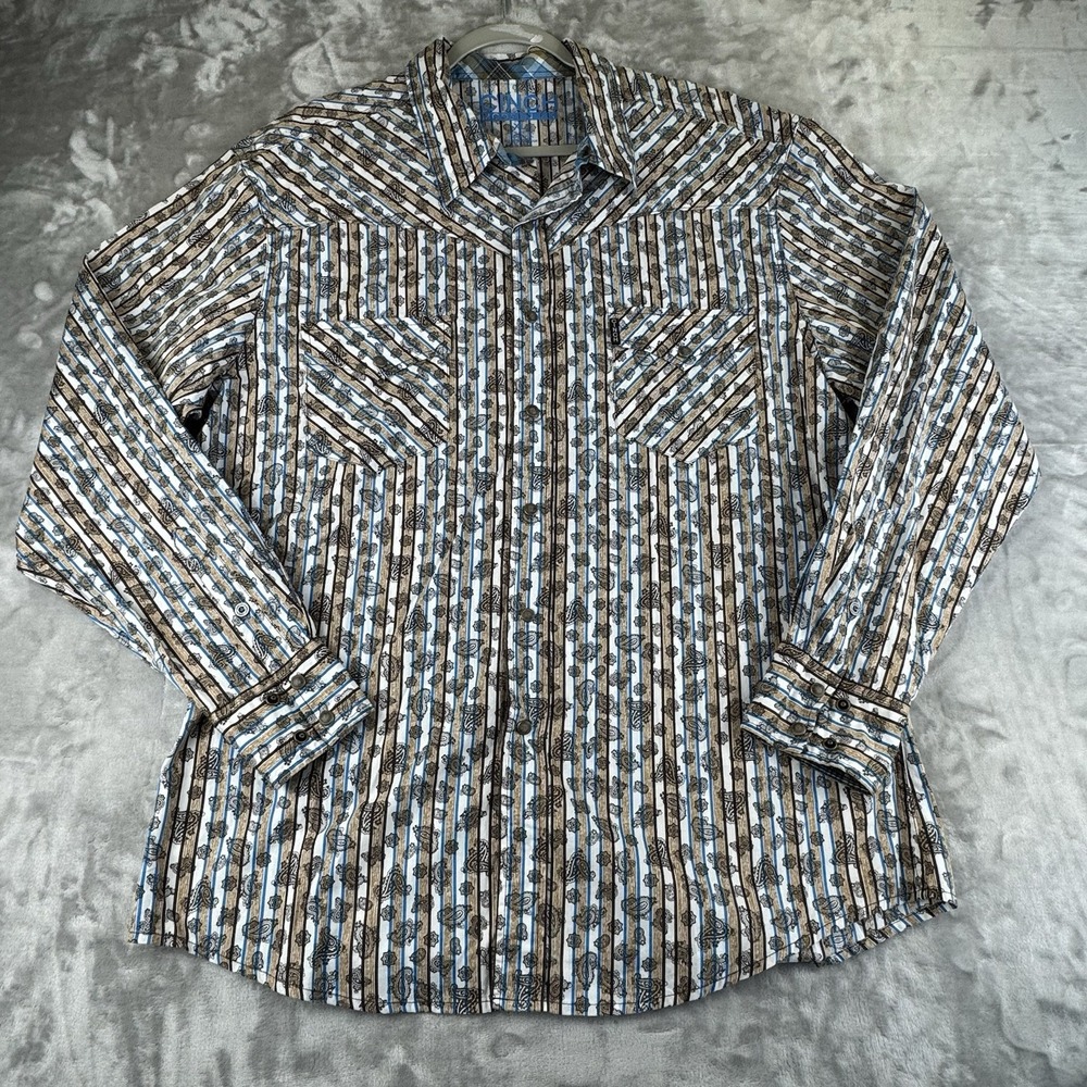 Cinch Modern Fit Snap Button Shirt Men's XL Brown Blue Paisley Striped (1259)